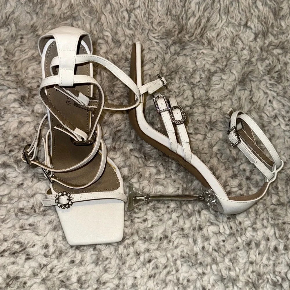 Lemonade Ginny White Strappy Martini Heel Rhinestone Buckle Sandals Womens 8‎ - Picture 2 of 9